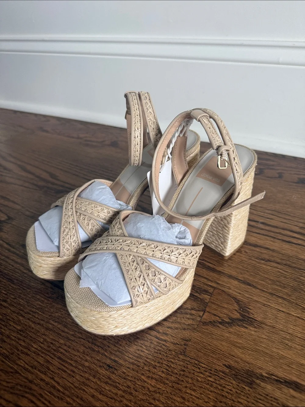 Dolce Vita Danila Cross Hatch Raffia Platform Sandals - Beige
